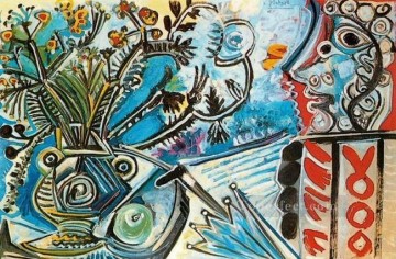 Cubism Painting - Fleurs et buste d homme au parapluie 1968 Cubism